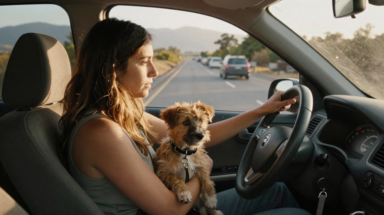 Mulher dirigindo carro segurando cachorro pequeno no colo em estrada ao entardecer.