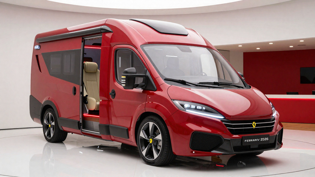 Veículo recreativo vermelho Ferrari 2026 com porta lateral aberta exibindo interior moderno.