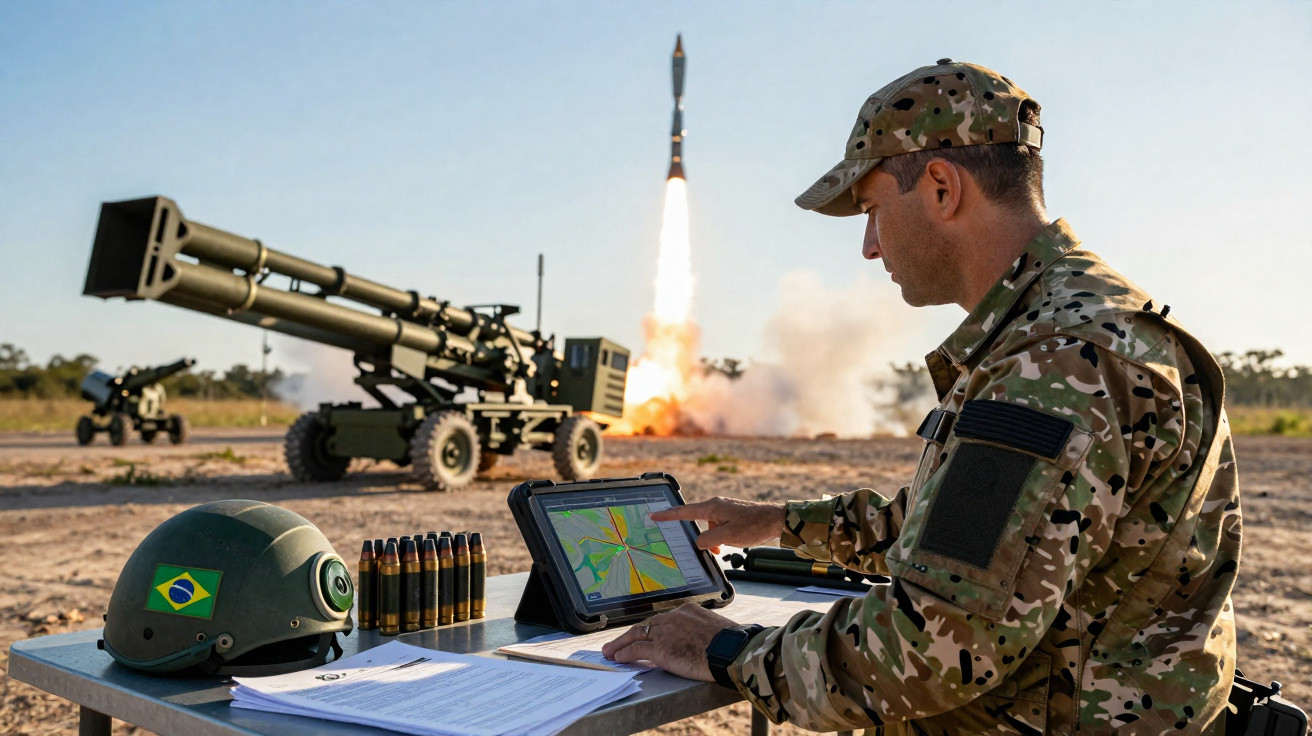Militar brasileiro em mesa com equipamentos observa lançamento de foguete ao fundo em campo aberto.