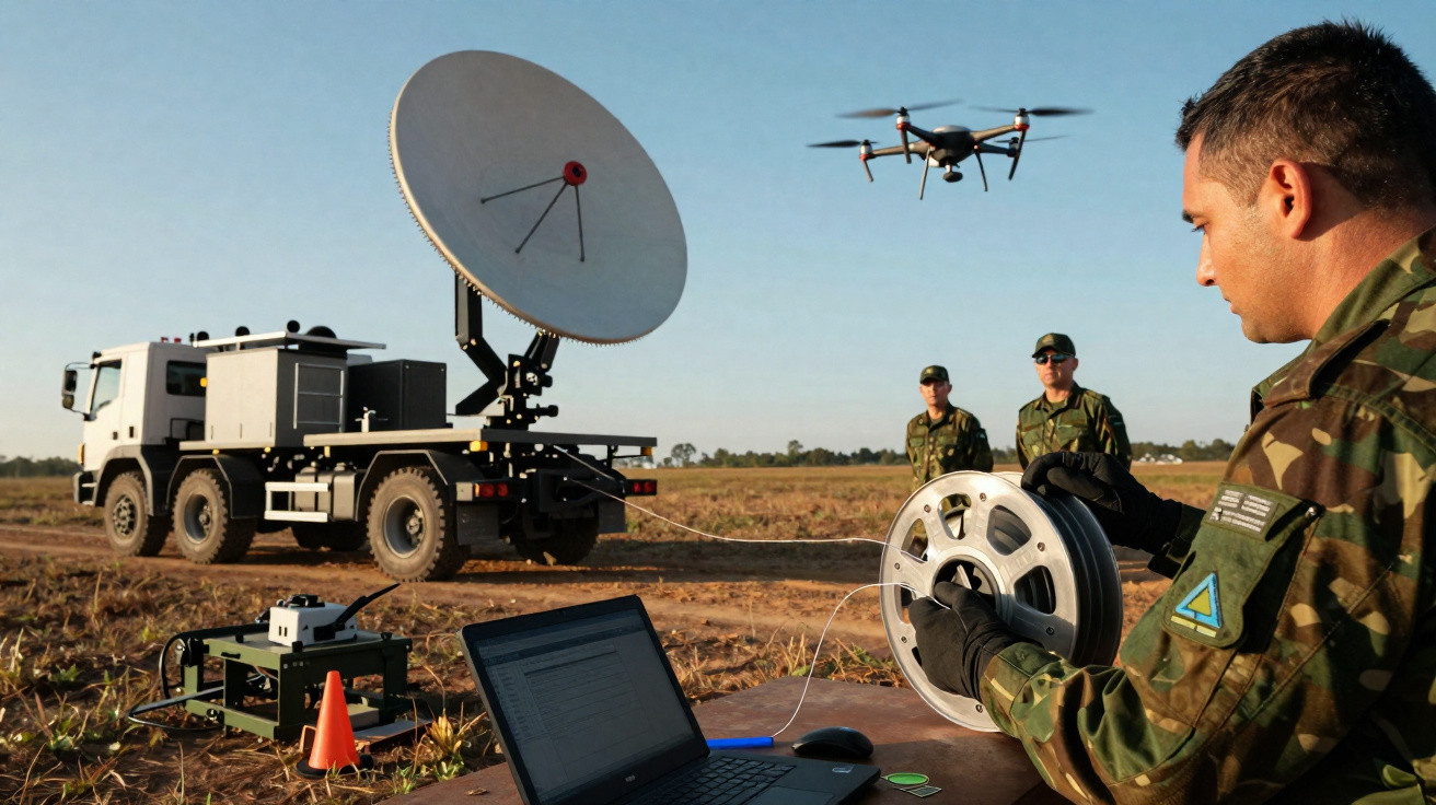 Militares operando drone e equipamento de comunicação com antena parabólica em campo aberto sob céu azul.