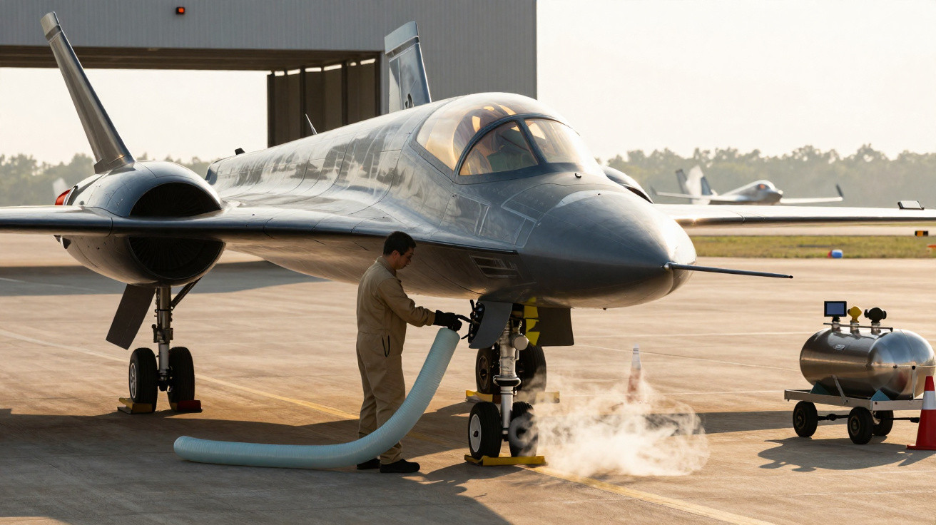Técnico inspeciona jato preto moderno no solo de aeroporto com equipamento e vapor visível ao redor.