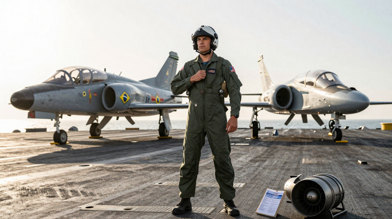 Piloto militar em uniforme verde posando no convés de porta-aviões com dois caças ao fundo e motor de avião no chão.