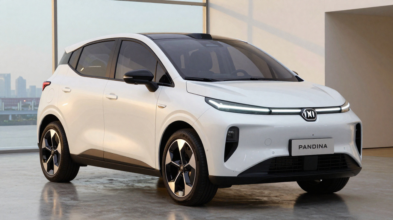 Carro elétrico branco Modelo Pandina estacionado em ambiente interno moderno e iluminado.