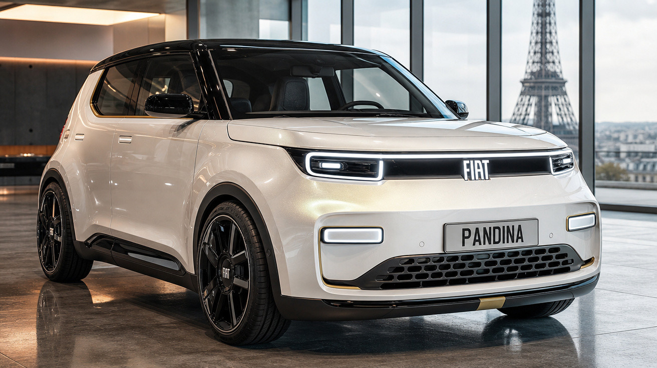 Carro elétrico Fiat Pandina branco exibido em espaço interno com Torre Eiffel ao fundo.