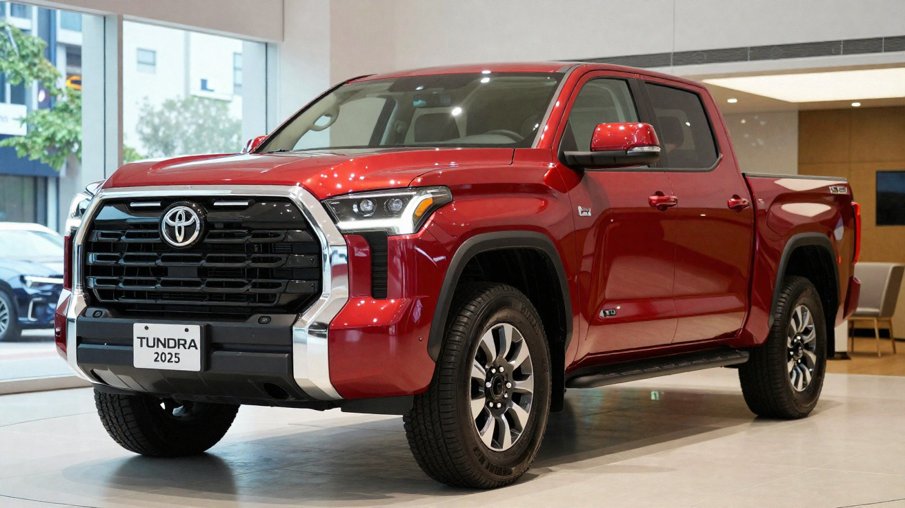 Picape Toyota Tundra 2025 vermelha exibida em showroom moderno e iluminado.
