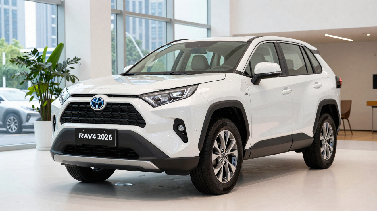 SUV branco Toyota RAV4 2026 em ambiente interno moderno com janelas grandes e planta decorativa.
