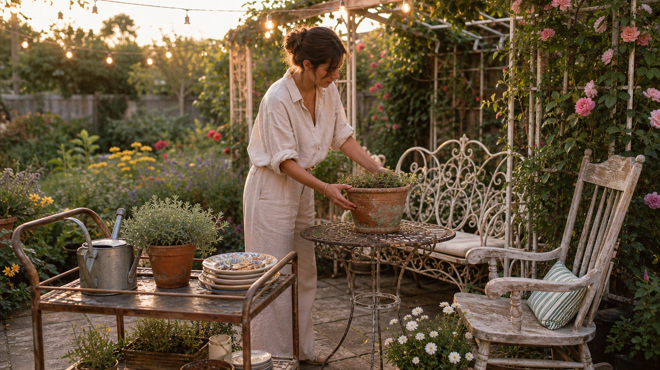 Mulher cuidando de plantas em um jarro no jardim ao entardecer, cercada por móveis rústicos e flores.
