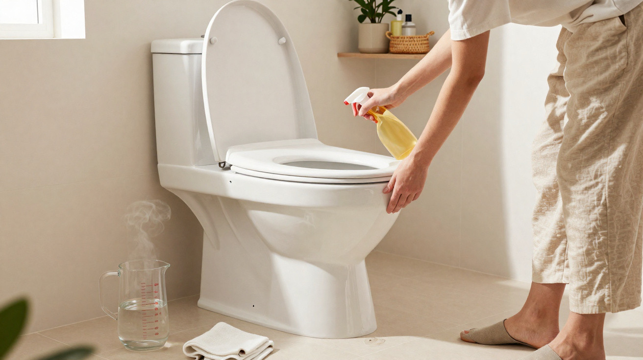 Pessoa limpando vaso sanitário branco em banheiro claro com borrifador amarelo na mão.