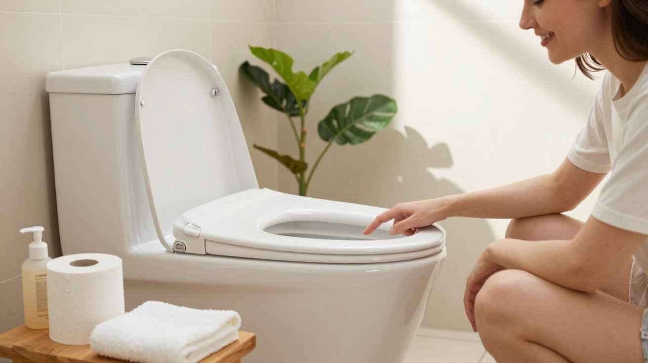 Mulher sorridente apontando para assento sanitário branco em banheiro com plantas e itens de higiene.
