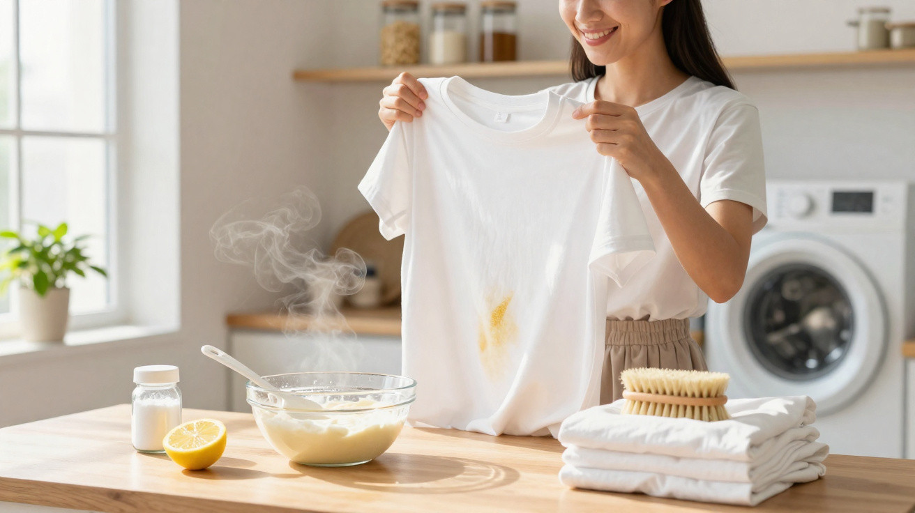 Mulher mostrando camiseta branca com mancha amarela, ao lado de ingredientes naturais para limpeza na cozinha.