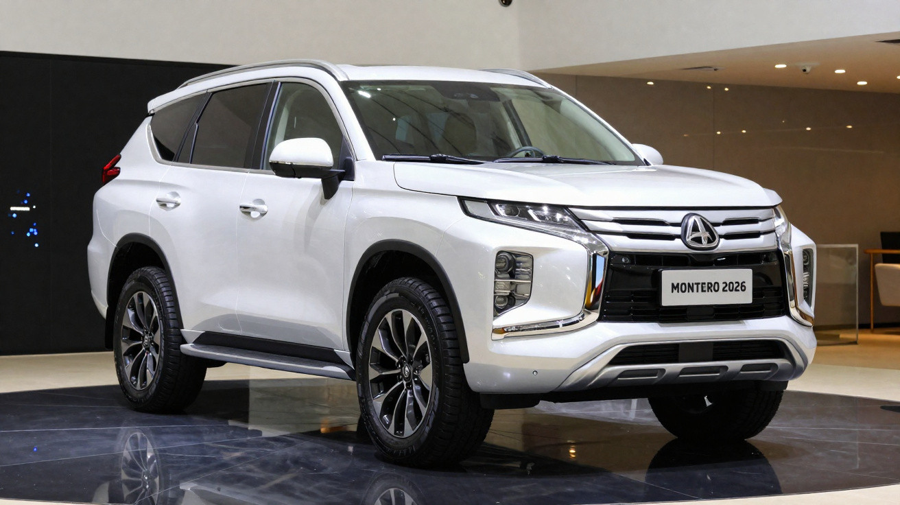 SUV branco Montero 2026 exibido em salão de automóveis com design robusto e moderno.