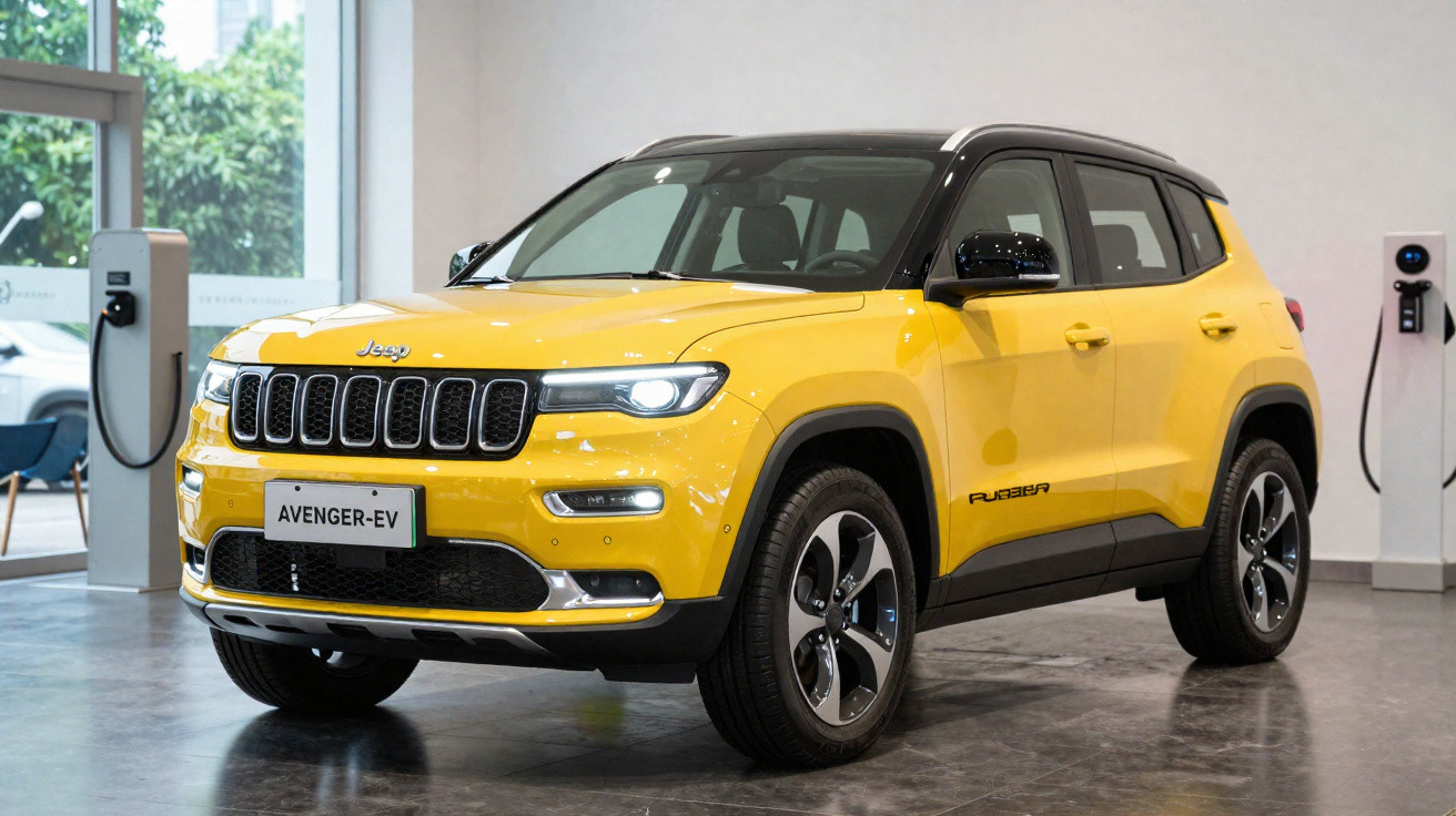 Jeep Avenger-EV amarelo em exposição, veículo elétrico com teto preto e rodas prateadas e pretas.