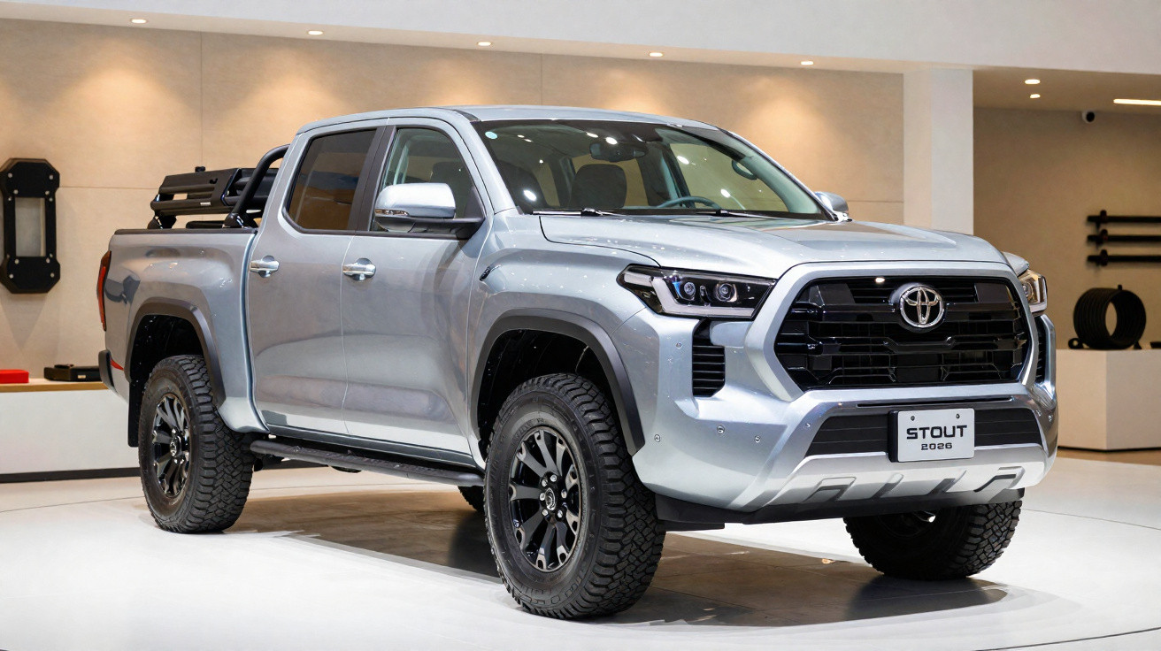 Picape Toyota Stout 2026 prata em exposição interna com rodas pretas robustas.
