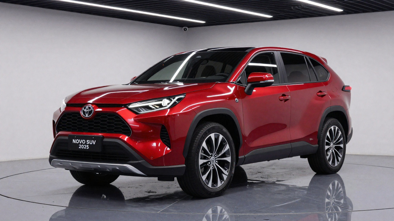 SUV vermelho 2025 da Toyota em estúdio com fundo branco e iluminação externa.
