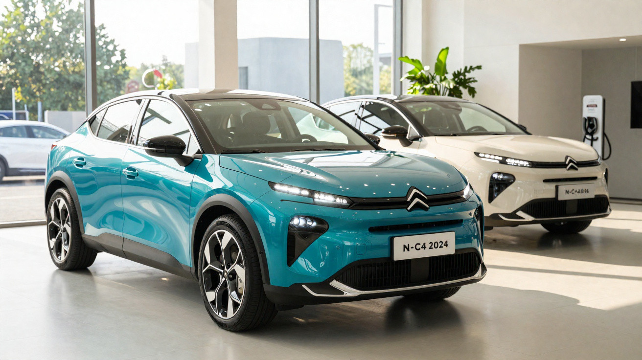 Dois carros Citroën N-C4 2024 em showroom, um azul turquesa à frente e outro branco ao fundo.