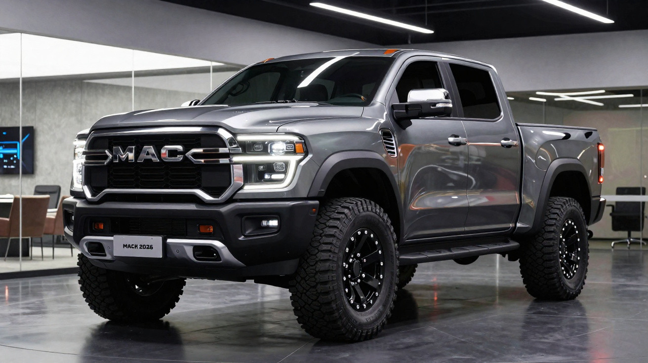 Picape cinza metálica Mac 2026 estacionada em ambiente fechado moderno com pneus off-road robustos.