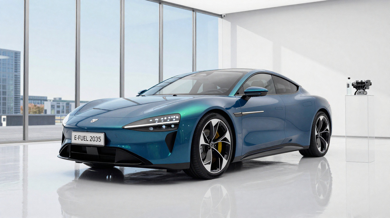 Carro esportivo elétrico verde metálico estacionado em ambiente interno moderno com piso branco brilhante.