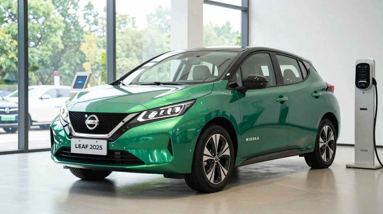 Carro elétrico Nissan Leaf 2025 verde estacionado em showroom ao lado de estação de carregamento.