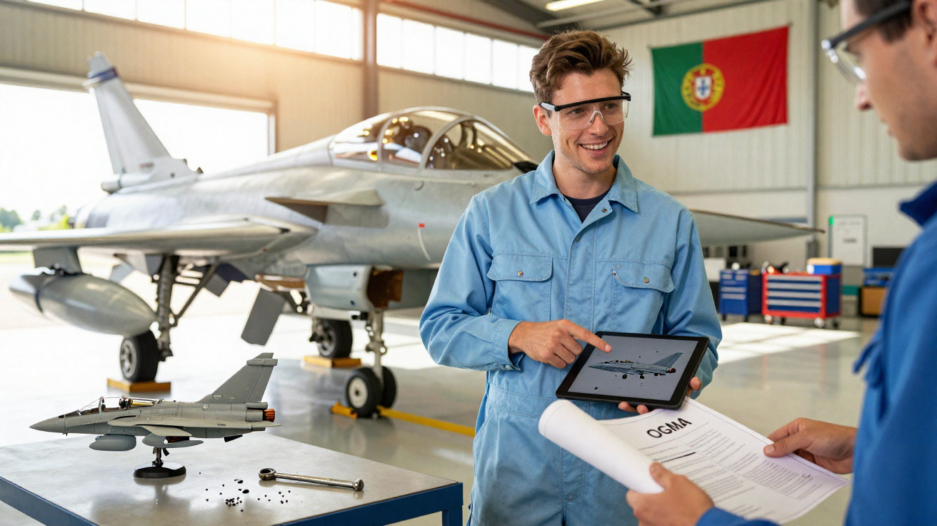 Dois técnicos com jalecos e óculos de proteção discutem projeto de avião militar em hangar com aeronave ao fundo.