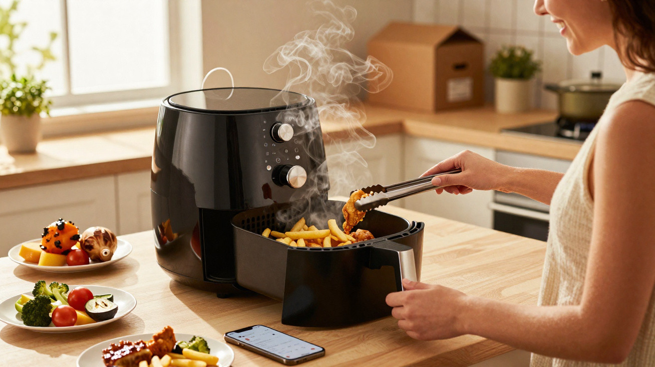Mulher usando frigideira elétrica para tirar batatas fritas e frango empanado com pegador em cozinha iluminada.