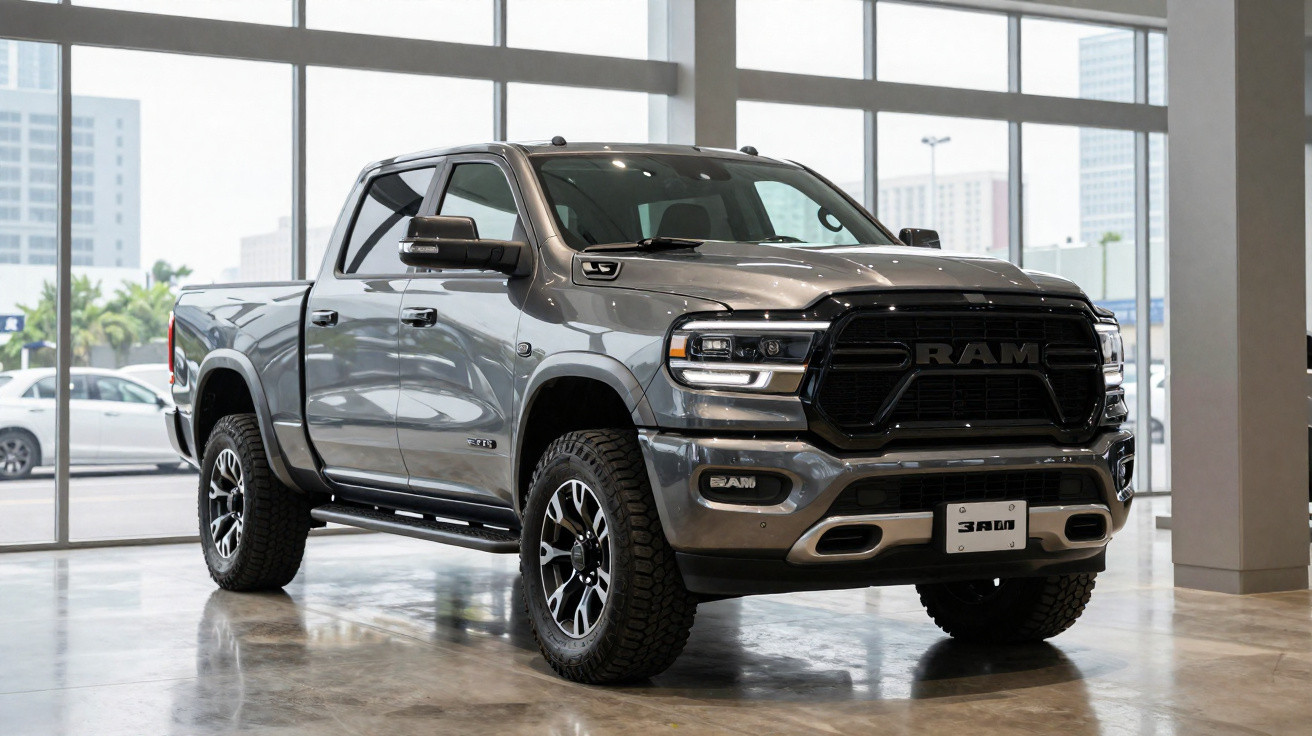 Picape RAM cinza estacionada em showroom com grande grade frontal preta e rodas robustas.