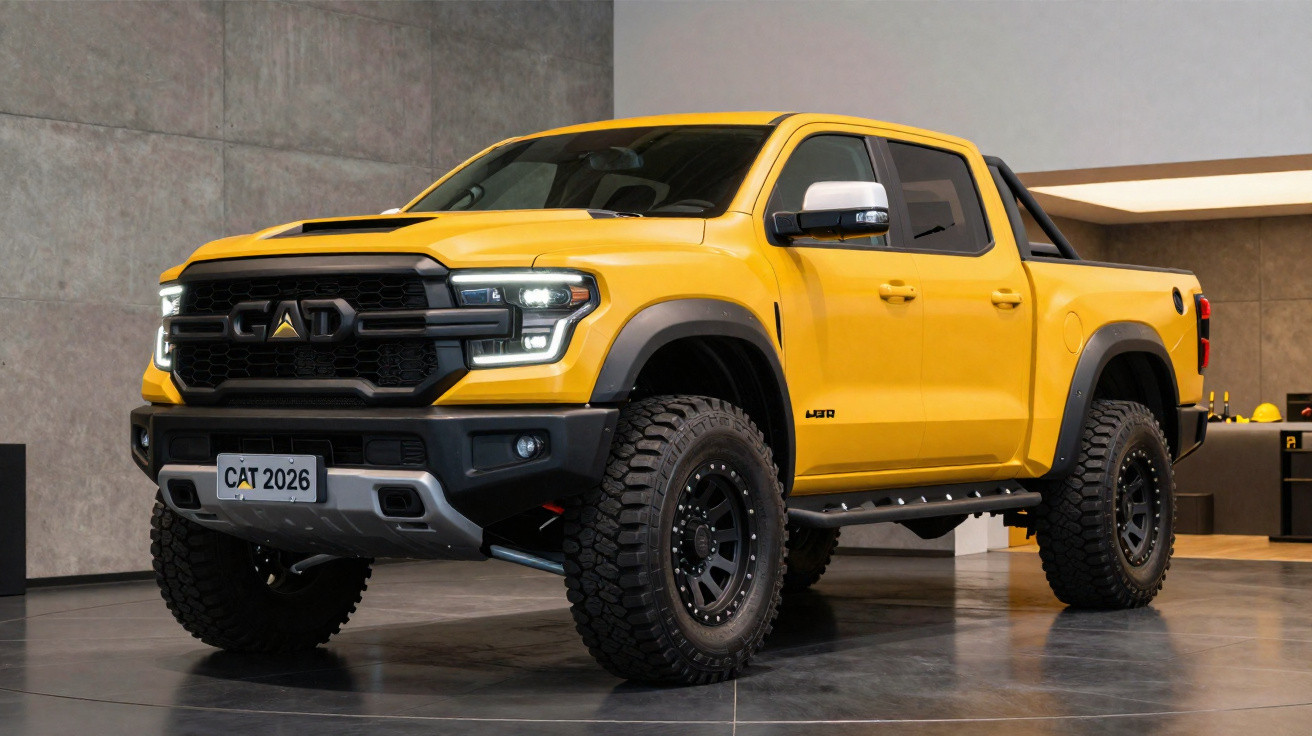 Picape amarela robusta com pneus off-road e detalhes pretos exibida em showroom moderno.