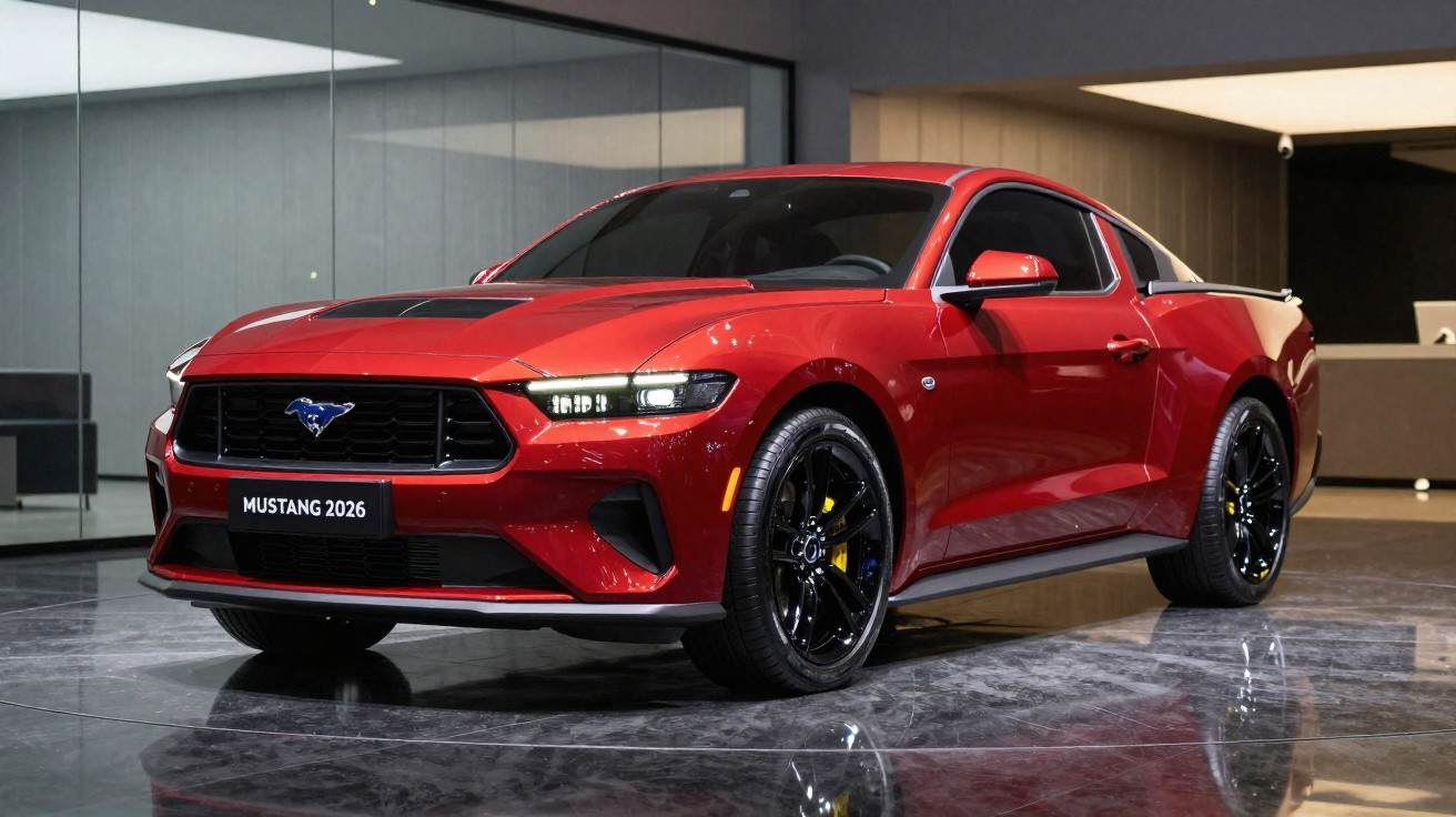 Carro esportivo vermelho Ford Mustang 2026 estacionado em showroom moderno com piso de mármore.