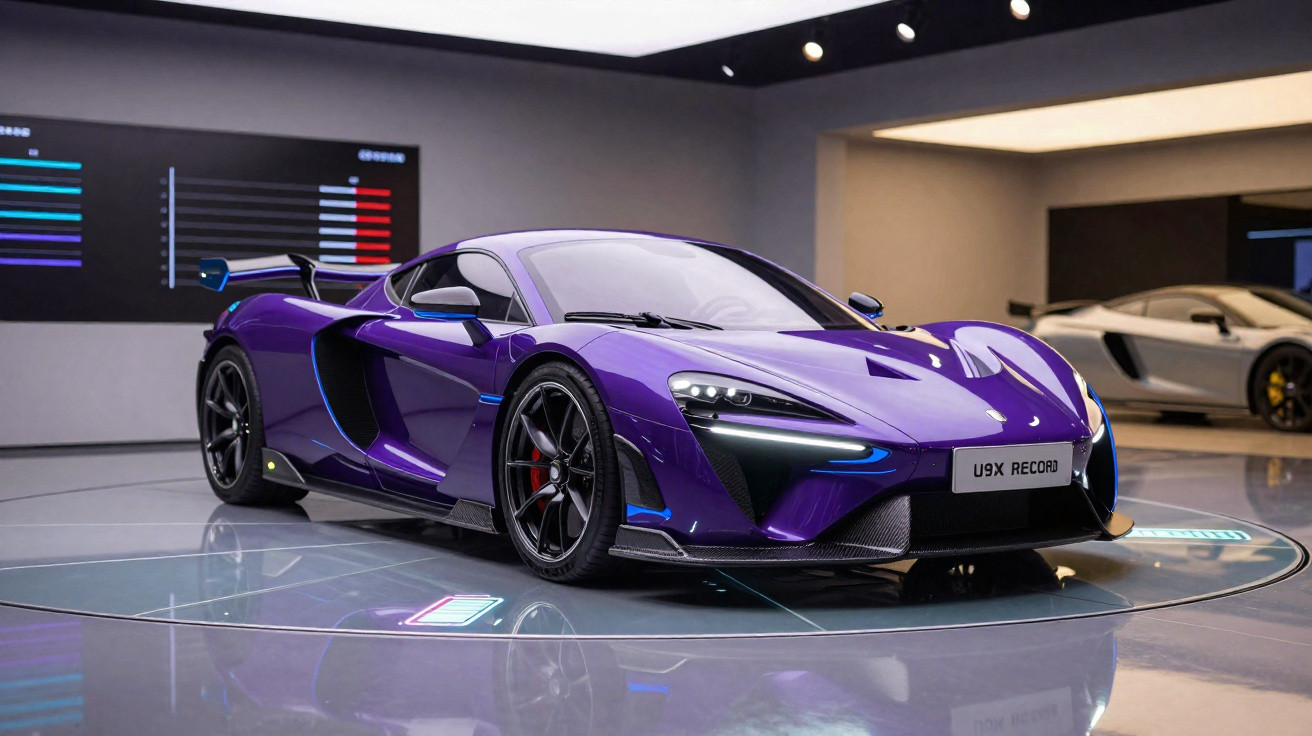 Carro esportivo roxo McLaren U9X Record exibido em plataforma giratória dentro de showroom moderno.