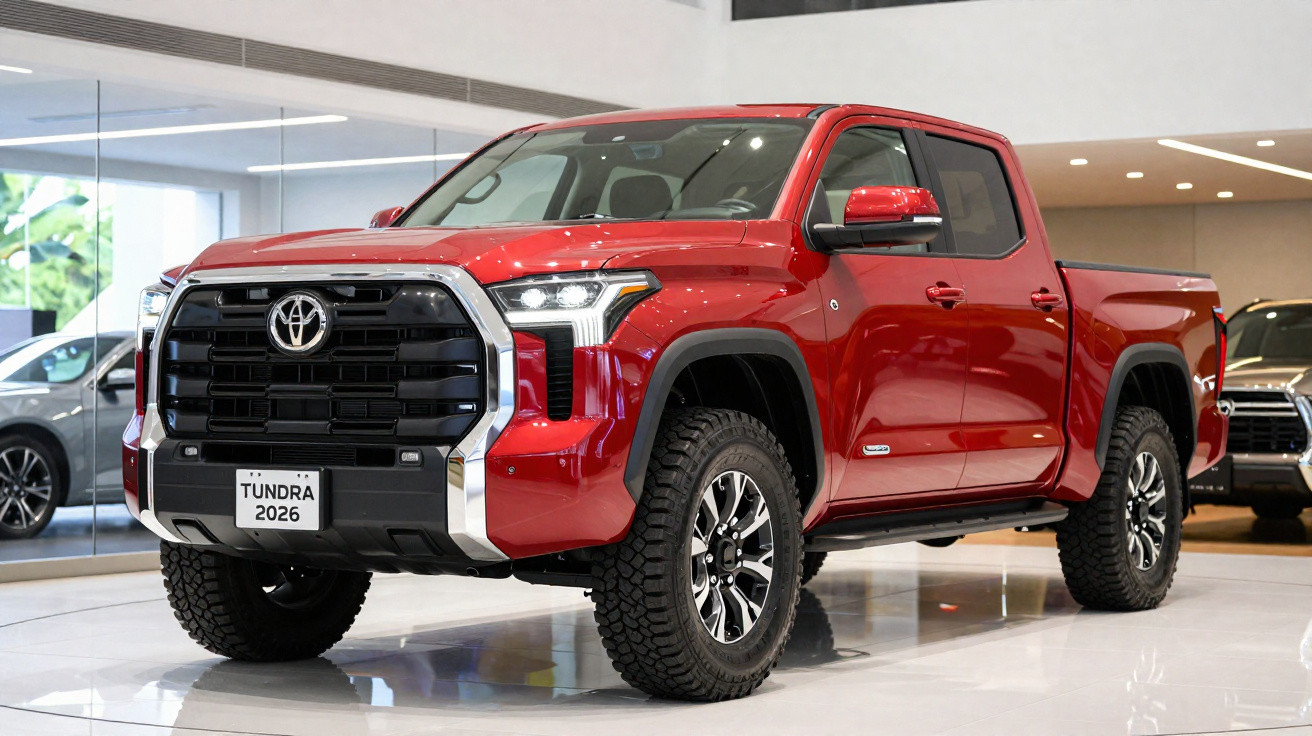 Picape Toyota Tundra 2026 vermelha exibida em showroom com design robusto e moderno.