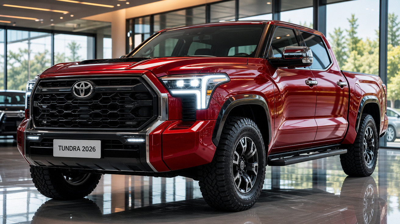 Picape Toyota Tundra 2026 vermelha em showroom com iluminação refletida no piso brilhante.