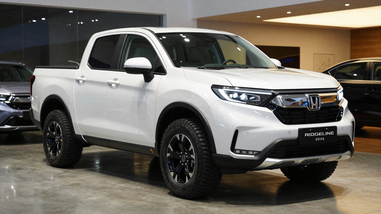 Picape branca Honda Ridgeline 2026 em showroom moderno com iluminação interna.