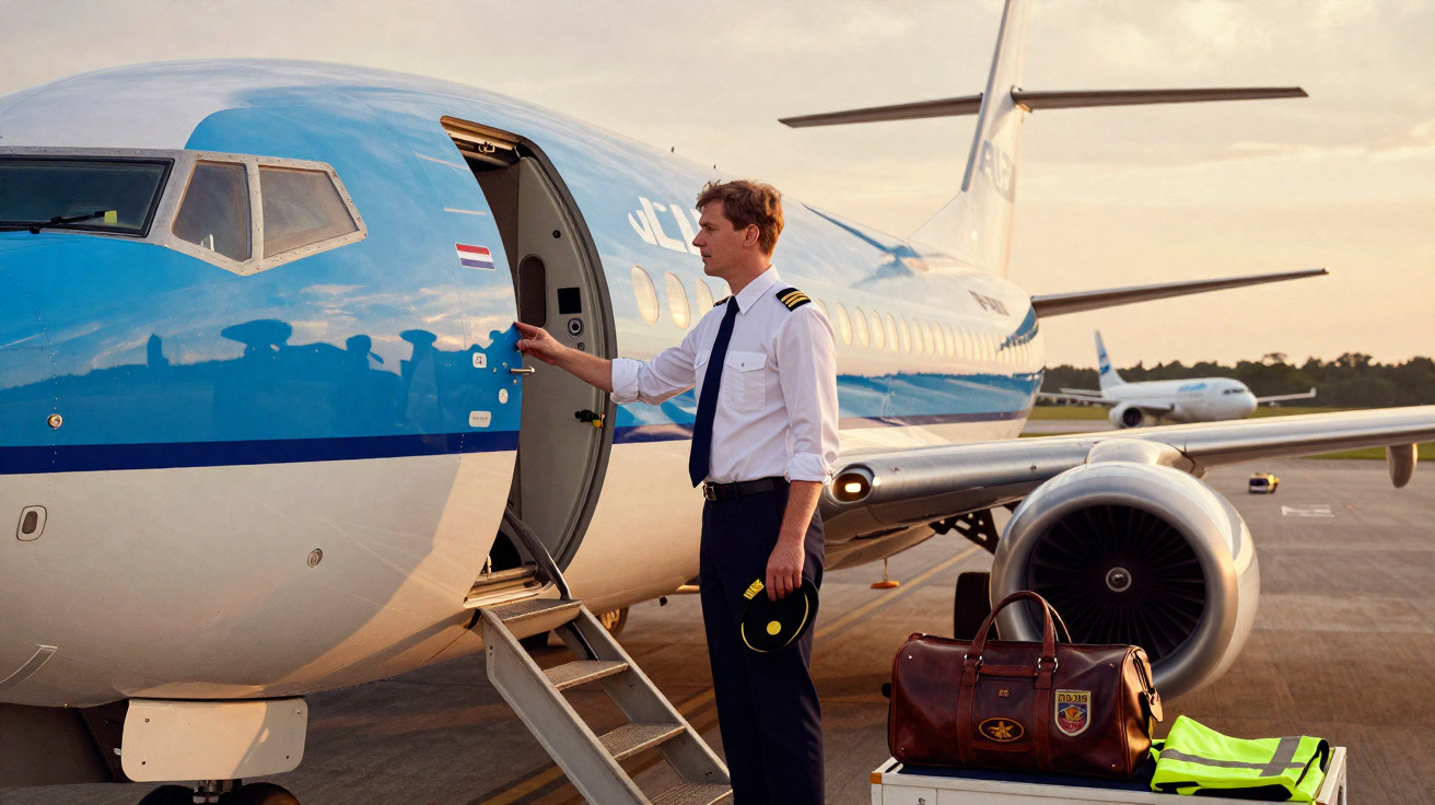 Piloto em uniforme abre porta de avião azul e branco estacionado em pista ao entardecer.