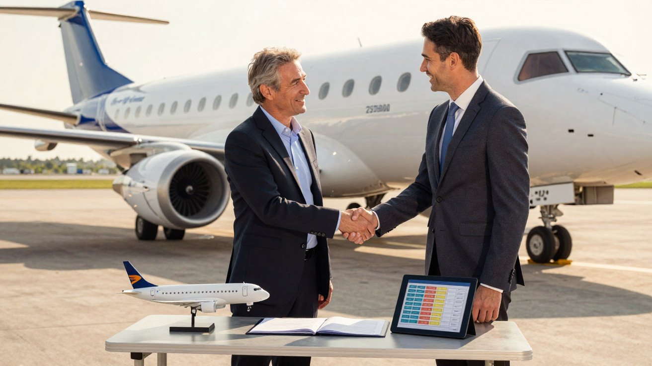 Dois homens de terno apertam as mãos em frente a um avião, com maquete de avião e tablet na mesa.