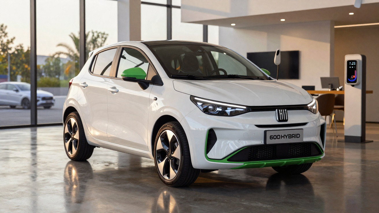 Carro hatchback branco com detalhes verdes em exposição dentro de showroom moderno e iluminado.