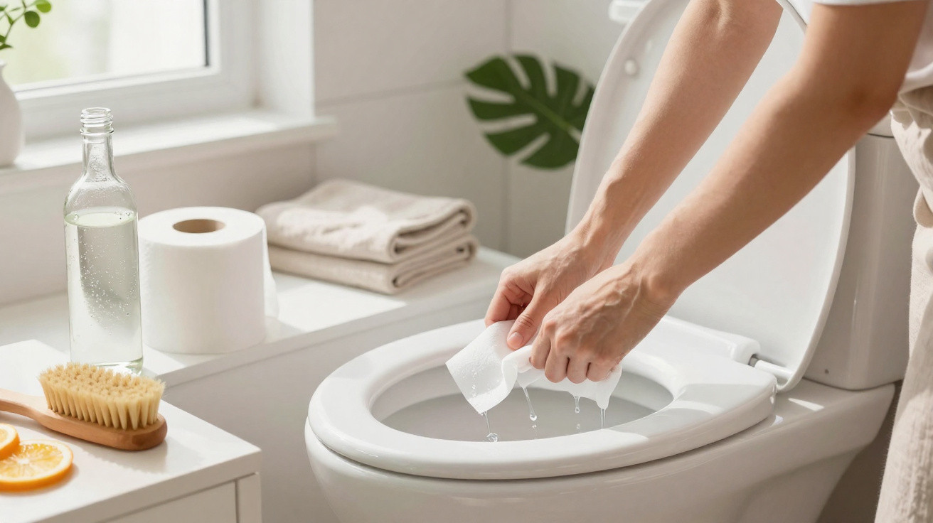 Pessoa limpando vaso sanitário com papel toalha em banheiro iluminado e decorado com toalhas e planta.