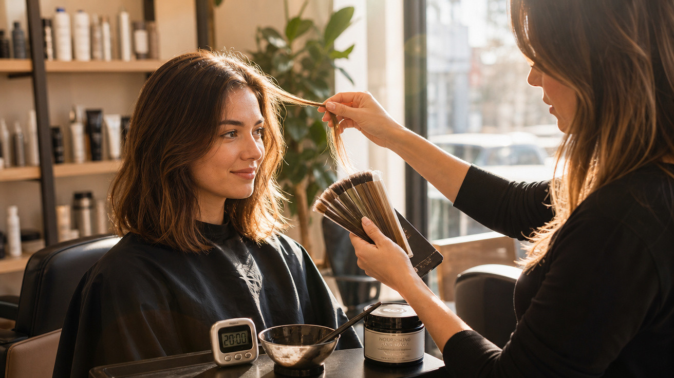 Profissional de beleza analisando amostras de cor em cabelo de cliente em salão iluminado.