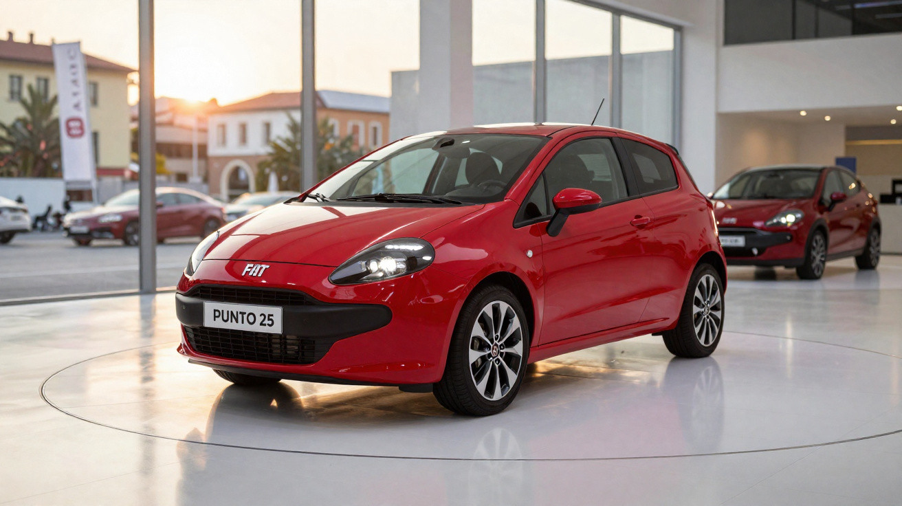 Carro vermelho Fiat Punto 25 exposto em ambiente interno com outro carro ao fundo.