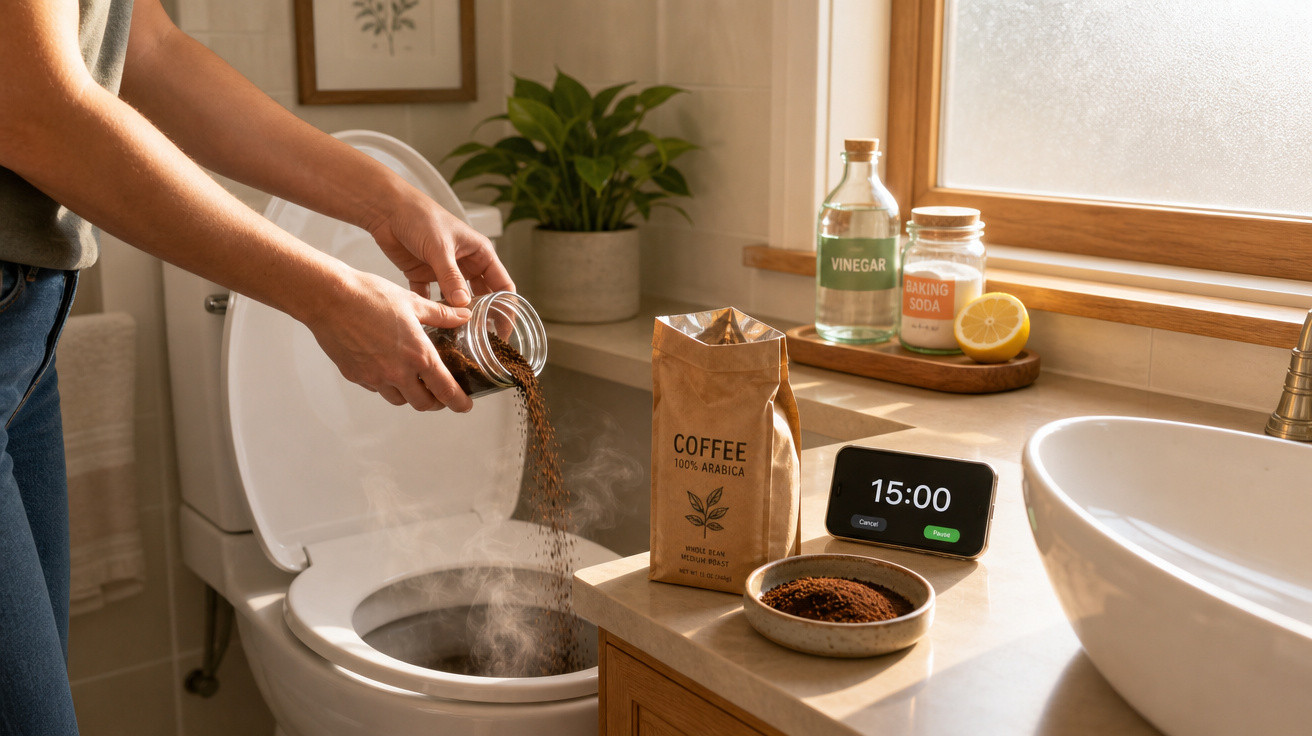 Pessoa despejando café moído no vaso sanitário, com produtos de limpeza naturais na bancada do banheiro.