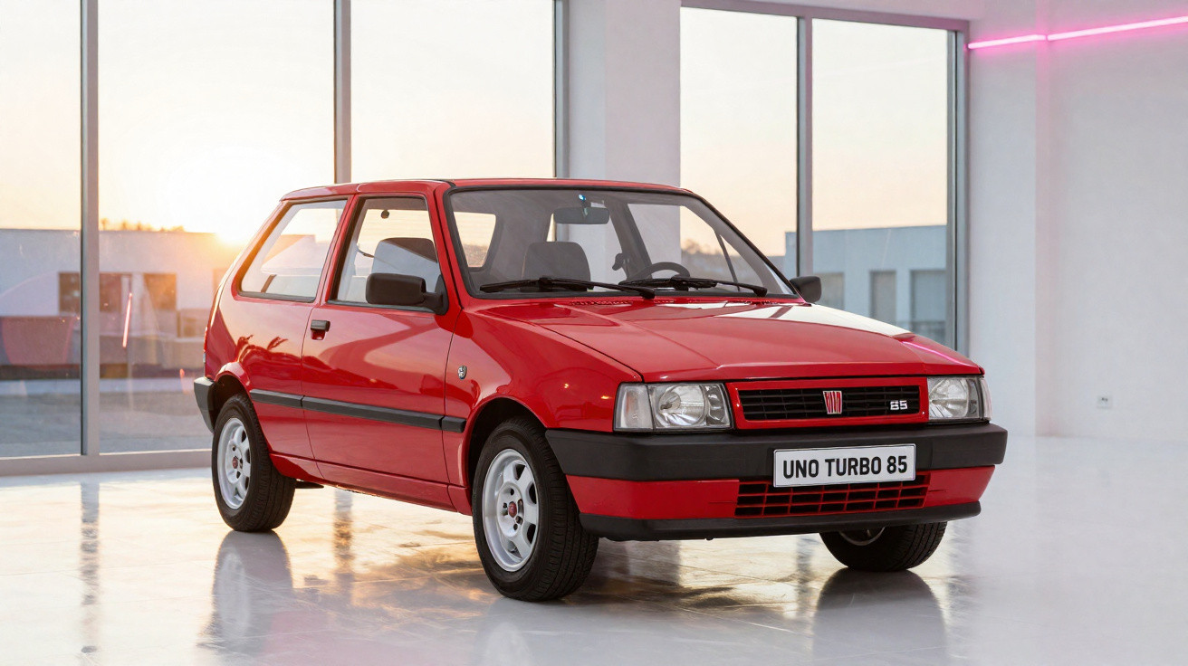 Carro vermelho Fiat Uno Turbo 85 em ambiente interno com paredes de vidro e luz natural.