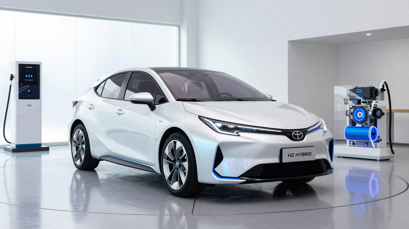 Carro Toyota H2 Hybrid branco em ambiente moderno com estação de carregamento e equipamento tecnológico.
