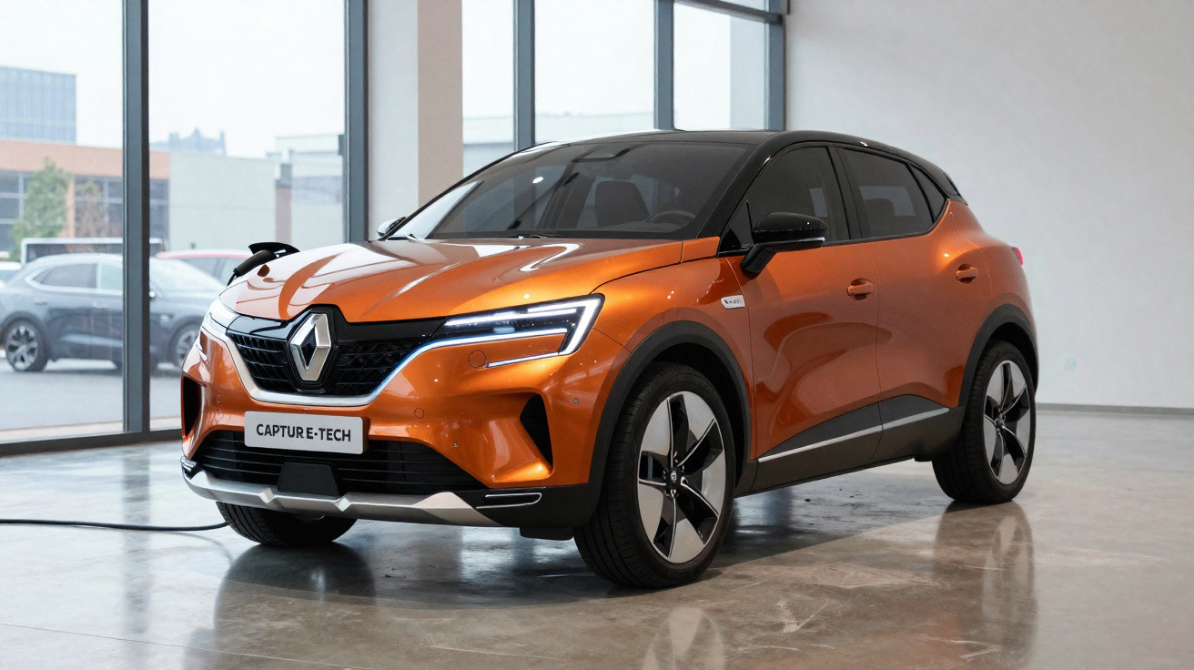 Carro elétrico Renault Capture-Tech laranja em exposição interna com teto preto e rodas modernas.