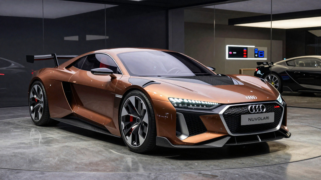 Carro esportivo Audi marrom com detalhes em preto em ambiente interno com espelhos refletindo o veículo.