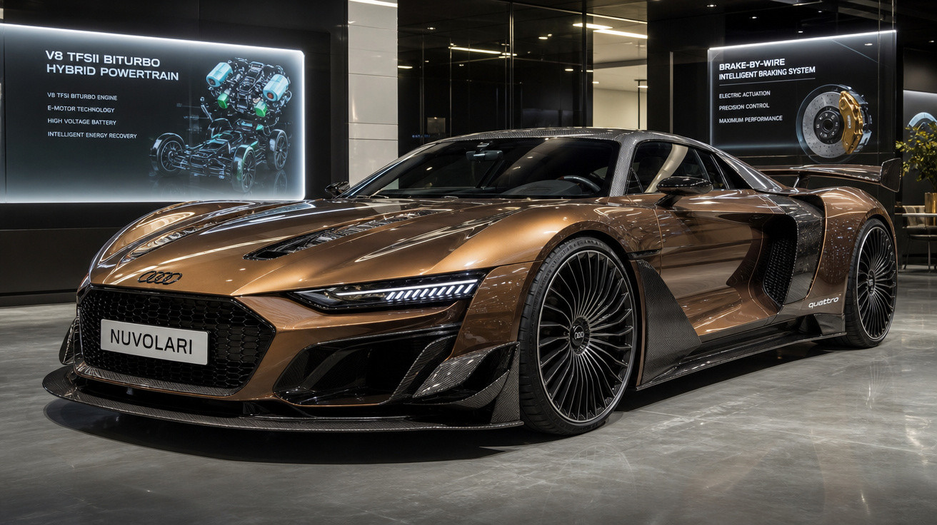 Carro esportivo Audi Nuvolari marrom com design aerodinâmico e rodas pretas exposto em showroom.