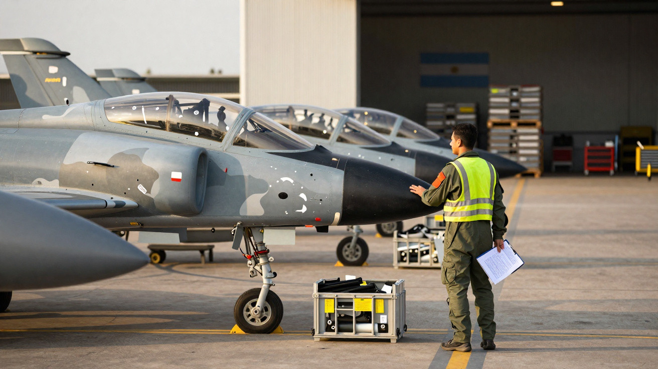 Militar com colete refletivo inspeciona jato militar cinza estacionado em pista próxima a hangar.