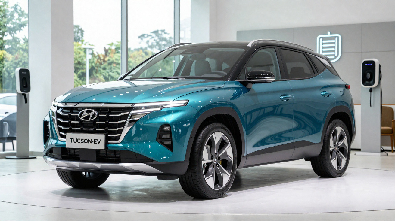 Carro SUV Hyundai Tucson-EV azul exposto em showroom moderno com carregadores elétricos ao fundo.