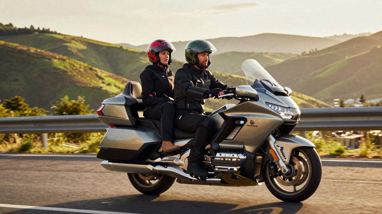 Casal com capacetes pilotando motocicleta em estrada com montanhas ao fundo ao entardecer.