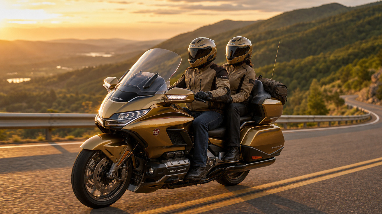 Duas pessoas com capacetes em motocicleta dourada na estrada durante pôr do sol em área montanhosa.
