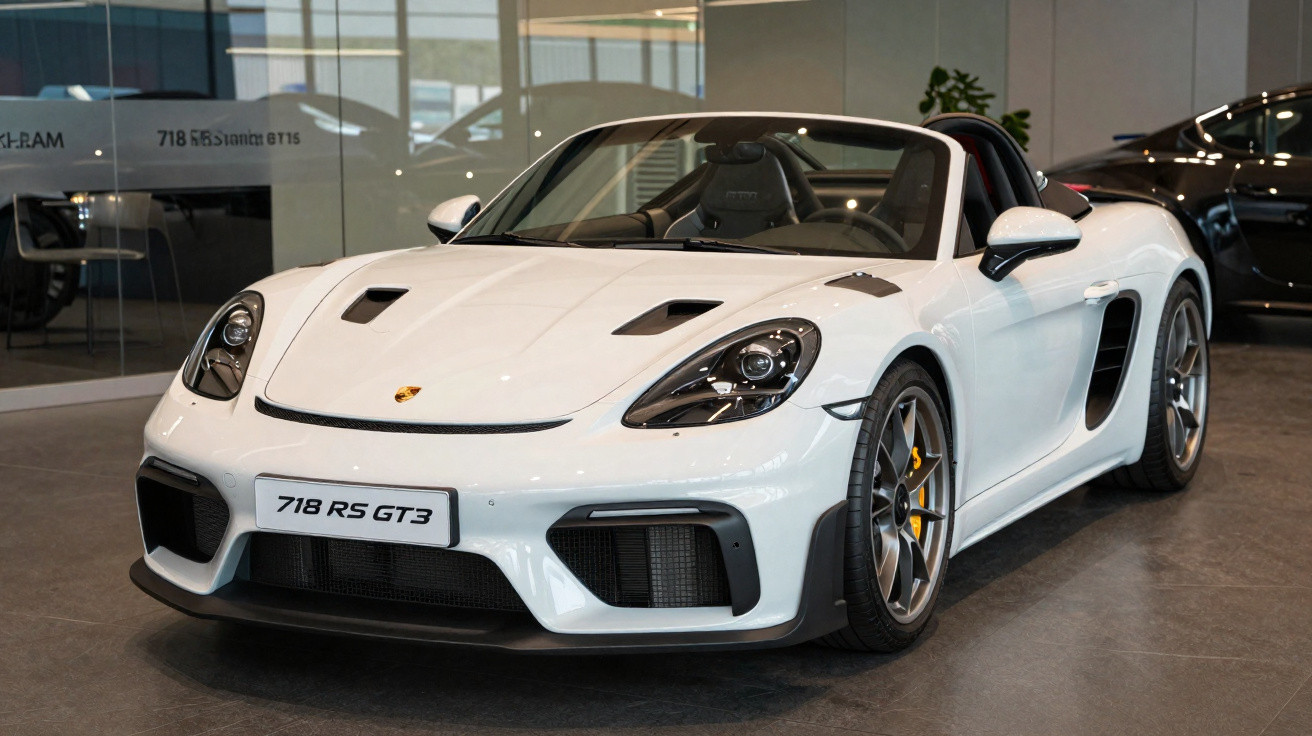 Carro esportivo Porsche 718 RS GT3 branco estacionado em showroom moderno.