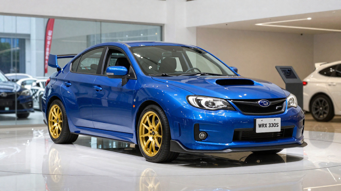 Carro esportivo azul Subaru WRX 330S com rodas douradas em showroom moderno.