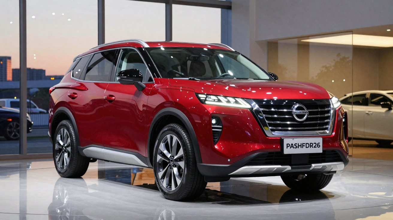 SUV Nissan vermelho exibido em showroom moderno com iluminação natural ao fundo.